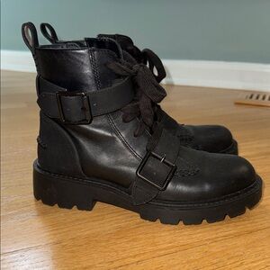 UGG Black Leather Lace-Up Ankle Boots with Buckle